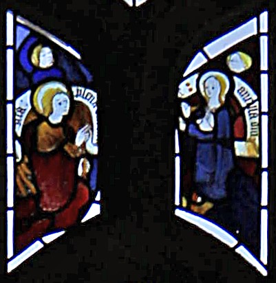 15th century stained glass in the east window of St Martin's Church, Stamford, Lincolnshire; Annunciation scene.